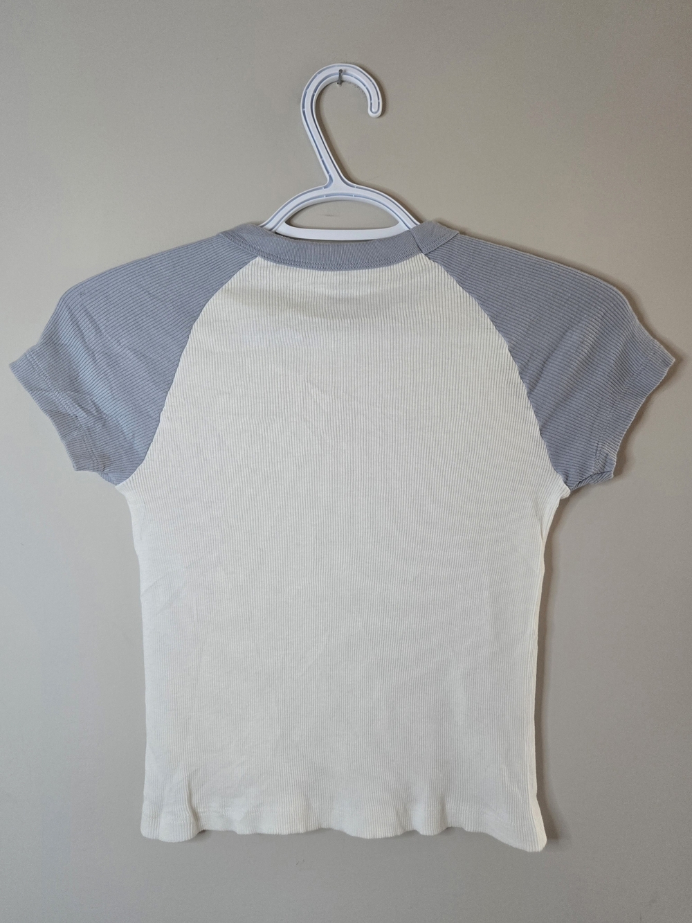 Brandy Melville White Ribbed Raglan Tee with Light Blue Sleeves - Picture 2 of 5